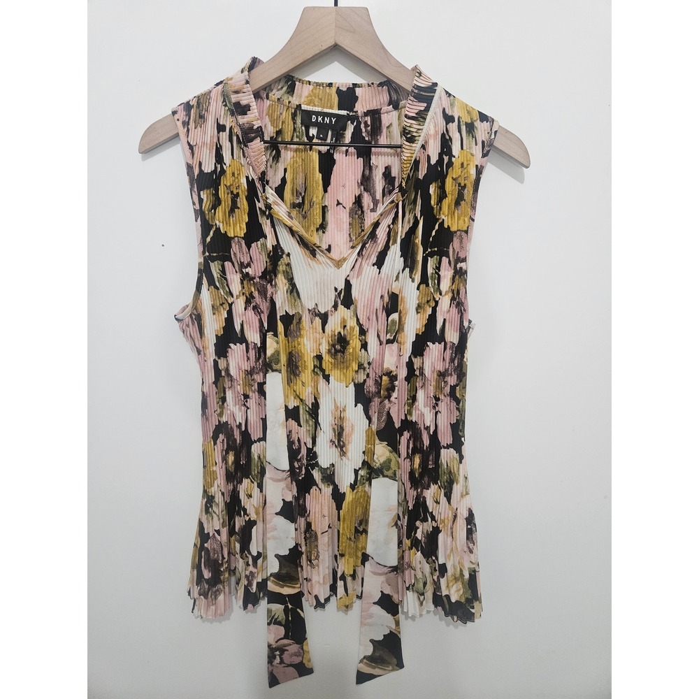 DKNY Womens XL Floral Pleated Sleeveless Tie Neck Blouse Yellow Pink Black Top